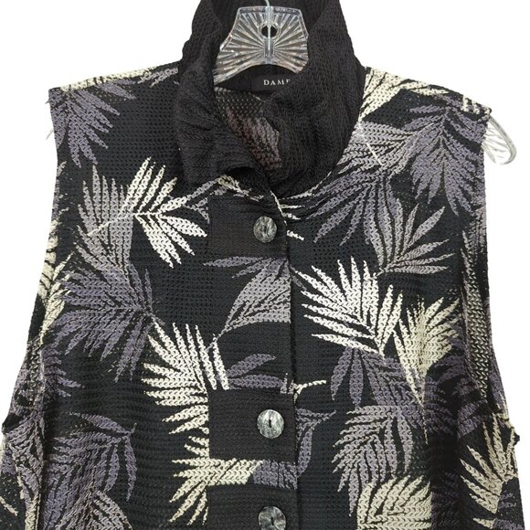 Damee sleeveless button front tropical leaf black gray asymmetrical Tunic M‎ - Picture 6 of 15